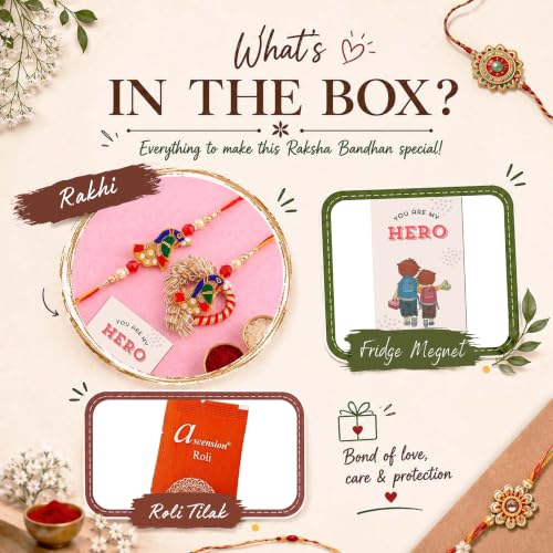 Image of ascension 1 Pair of Couple Rakhi for Bhaiya and Bhabhi Rakhi for Raksha Bandhan Bhai Bhabhi Couple Bracelet with You are My Hero Fridge Magnet & Roli Tilak Pack