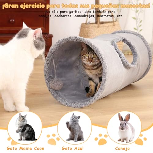 Faltbar Katzentunnel Katzenspielzeug mit Ball Spieltunnel Knisternder Rascheltunnel Aus Wildleder für Alle Katzen Kaninchen Welpen und Kleine Tiere,Mit Hängendem Lustiger Katzenstock(Grau)