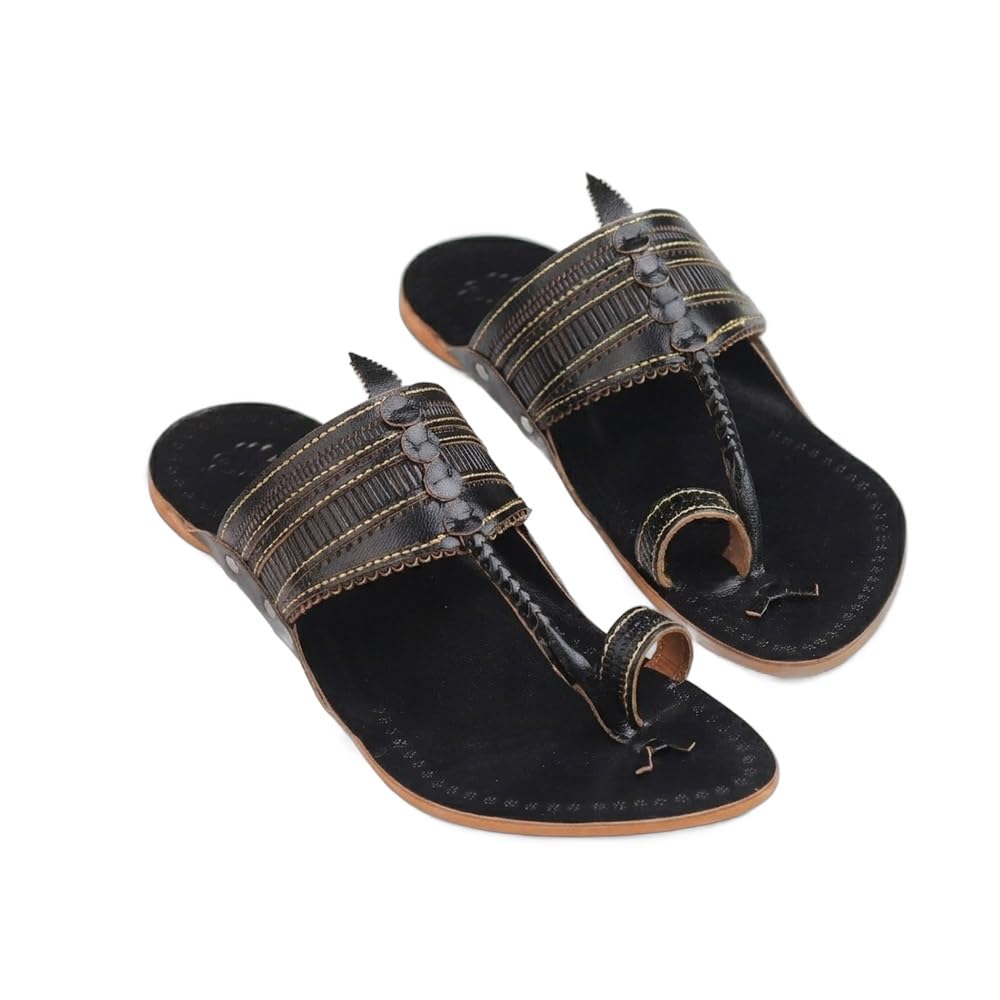 Meghraj Men's Kolhapuri Chappal for Men | Genuine Leather Handmade GI-Tagged Ethnic Sandals | Black Flat Slippers for Casual & Office-image-28