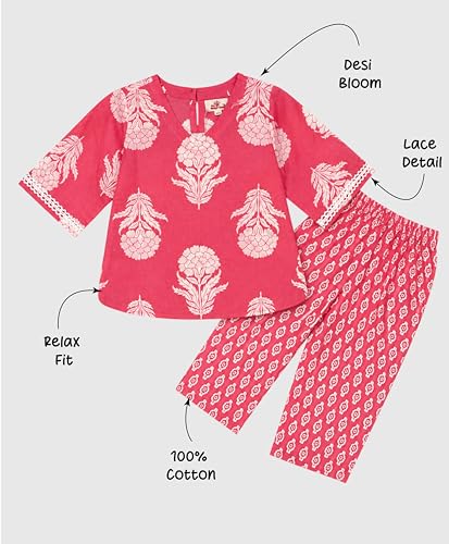 Image of The Magic Wand Cotton Night Suit for Girls 3 /4 Sleeves Baby Kids Flora Print Top & Pant Set Sleepwear Night Dress co ord Set, Nightwear Girls Pyjama Set