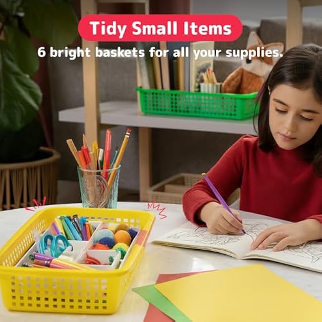 PREXTEX Classroom Storage Baskets for Papers, Crayons, Pencils, and Toy - Storage Plastic Baskets - Pack of 6
