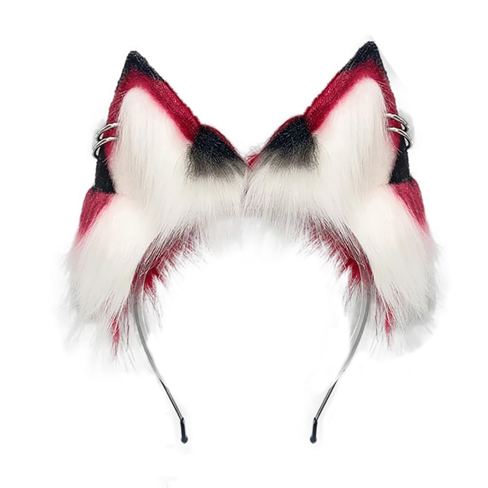 ILUFAM Faux Fur Wolf Cat Ears Headband Furry Animal Ears Cosplay Party Costume Headwear for Halloween Christmas Festival (Wine Red&White)