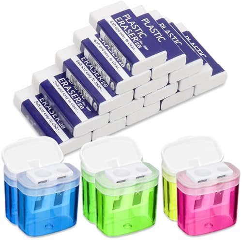 21 Stücks Setz 6 Stücks Anspitzer mit Behälter und 15 Stücks 2B Radiergummi Weich Weiß, 4 Farben Spitzer mit Dose Klein Anspitzer Kinder, Manueller Pencil Sharpener und Doppelloch Bleistiftspitzer