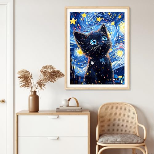 Image of SANYUN Cat Diamond Art Kits for Adults,Starry Night Diamond Painting Kits, Animals Paint by Diamonds Pictures for Beginners Teenagers,Perfect for Home Office Decor 12x16 inch