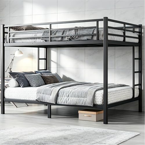 Bellemave Queen Over Queen Bunk Bed with 2 Side Ladders & Guardrail Heavy Duty Metal Queen Size Bunk Bed Frame with Under Bed Storage Queen Over Queen Bunk Beds for Adults Teens Kids Black