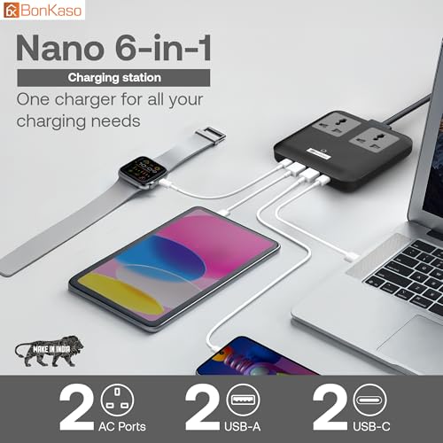 Image of BonKaso Nano 6-in-1 67W GaN Fast Charging Station with 2 AC Outlets, 2 USB-C & 2 USB-A Ports | Ultra Slim Portable Power Hub | Multi-Layer Protection | 330g | 11.8x10.5x2 CM (Black)