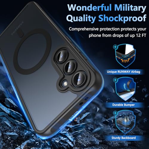 Image of OWKEY for Samsung Galaxy S24 FE Case 6.7'', Magnetic Galaxy S24 FE Case for Magsafe with Tempered Screen Protector [Shockproof Military] Translucent Matte Bumper Phone Cover Samsung S24 FE 5G, Black