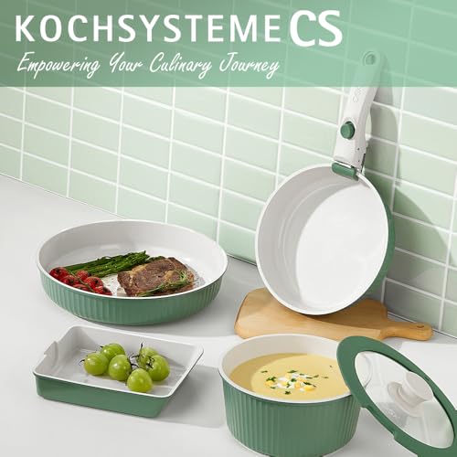 Image of KOCH SYSTEME CS 12 Pcs Ceramic Cookware Set with Detachable Handle, Nonstick Pots and Pans Set, Induction /Dishwasher Safe Pots and Pans, Space Saving Kitchen Set with Tamagoyaki Pan & Utensils, Green