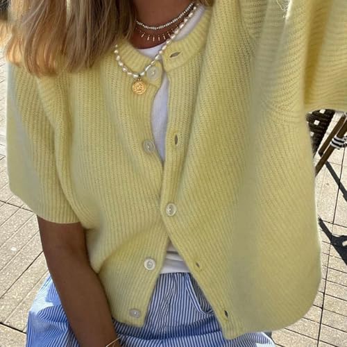 Image of Women Knitted Crop Cardigan Shirt Short Sleeve Button Down Ribbed Knit Crop Top Y2k Girls Outwear Top Tee Shirt