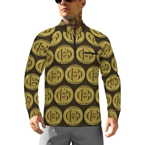 Gold Bitcoin Men's Rash Guard Long Sleeves Quick Dry Fishing Workout Shirts with Zipper