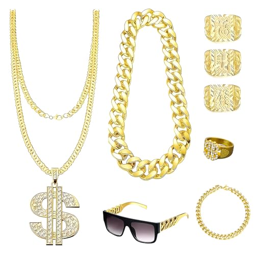 PLLYPE 8 Stück Zuhälter Kostüm Goldkette Set, Hip Hop Kostüm Set, Hip Hop Rapper Kostüm, Goldkette Herren Set, 80er 90er Jahre Outfit Herren mit Goldkette Fasching, Herren Armbänder, Ring, Brillen