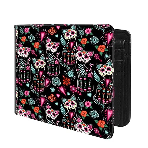 (Day Of The Dead Cat Skeleton Sugar Skull Front Pocket Slim Bifold Leather Wallet RFID Blocking with ID Window for Men