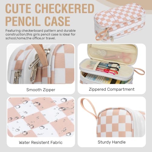 Image of Cute Checkered Pencil Case for Girls Boys,Large Checkerboard Pencil Pouch with Foldable Zipper Compartment&Multi-Pockets,Big Capacity Kids Stationery Bag Aesthetic Pen Box For School Office