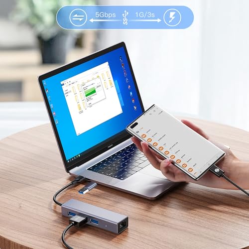 Image of Techie USB /Type-C to RJ45 Gigabit LAN & 3-Port USB 3.0 Hub - Dual Plug (USB-A + USB-C) Adapter for Laptop, MacBook, iPad Pro, Tablets & Desktop PCs - Space Grey