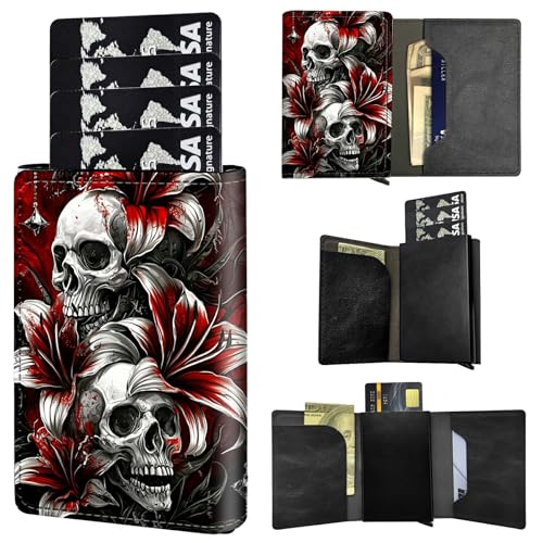 RFID Blocking Card Holder Wallet Billeteras de Hombres, Pop Up Minimalist Wallet for Men Women, Large Capacity Smart Wallet fit Money, ID Card, Driver's License, Saffron Skull