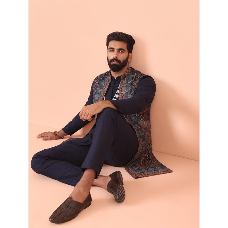 Image of KISAH Mens Kurta Jacket Trouser Set|Pashmina Fabric Jacquard Pattern Mens Ethnic Wear|Regular Fit, Navy Blue
