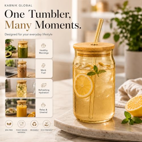 Image of Glass Tumblers with Wooden Lid and Glass Straw, 540ml, Borosilicate Glass, for Coffee, Iced Coffee, Juice and Smoothies, Coffee Mug, Sipper (Golden - Can Shape)