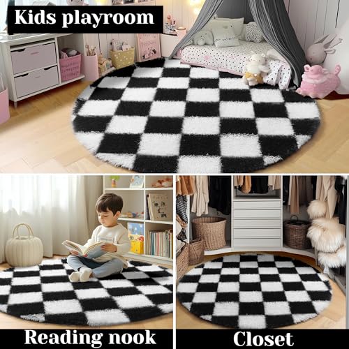 Image of KICMOR Round Rugs 8ft Black and White Circle Area Rug, Fluffy Soft Large Fuzzy Shag Shaggy Bedroom Living Room Carpet, Indoor Checkered Circular Rug for Kids Boys Girls Home Decor Aesthetic, Nursery