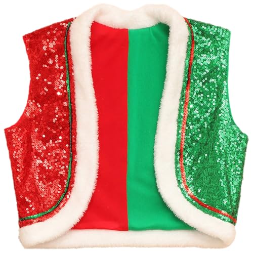 Kids Girl Christmas Faux-Fur Sequin Vest Jacket Santa Elf Thick Waistcoat Open Front Cardigan
