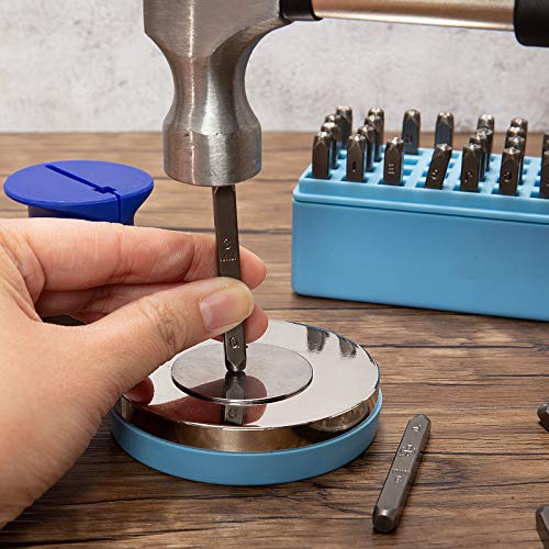 58pcs Number and Letter Metal Stamping Kit- 36 Hardened Iron Stamp Characters + 20 Metal Blank Pendants + Steel Bench Block + Simple Strike Steel Stamp Punch Set for Making Jewelry Leather Wood Craft - Thumbnail 6