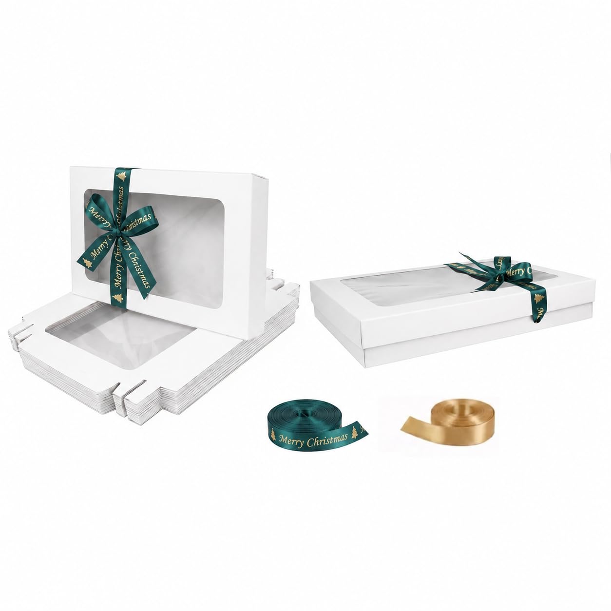 Emartbuy Pack of 12 White Gift Boxes with Clear Window Lid & Christmas Green Satin Ribbon - Large Wide 29.5 x 22 x 4.5 cm - Recyclable Kraft Presentation Box for Hampers, Treats, Weddings & Favours