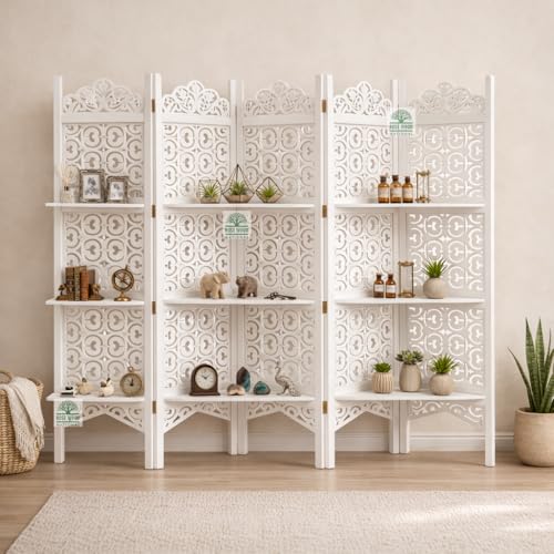 Image of Wooden Room Divider 6 Feet, 5-Panel Folding Wooden Partition for Living Room, Office, Pooja Room, Restaurant, Kitchen & Balcony