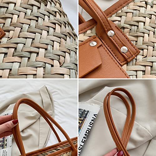 Summer Beach Handwoven Straw Basket Bag With Leather Panels - Rattan Crossbody Shoulder Bag for Women3