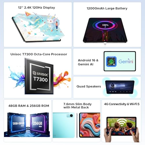 Image of P12 Pro Android 16 Tablet (2026), 120Hz 2.4K Tablet 12 inch Android with Gemini AI, 48GB+256GB /2TB, Unisoc T7300 Octa-Core, 12000mAh, 13MP+8MP, Widevine L1, Tablet with Sim Card Slot, Pen, Blue