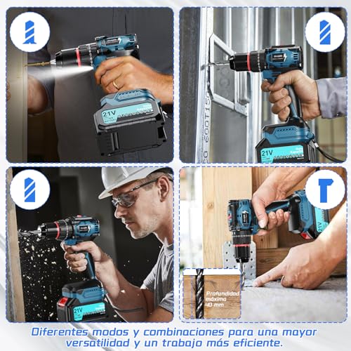 Olubfdh Cordless Drill 21V Brushless Percussion Drill with 4000mAh Battery, 50Nm Max Torque 20+3 Torque Positions (2 Speeds & LED), Home and Garden DIY Project