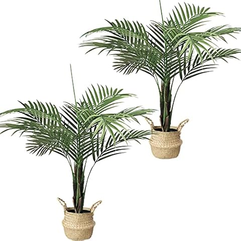 2 Pack Artificial Palm Tree 3 feet Fake Palm Tree Christmas Trees Faux Plant for Home Decor Indoor Outdoor Patio, Tall Fake Plants with Artificial Leaves and Woven Seagrass Belly Basket Cover