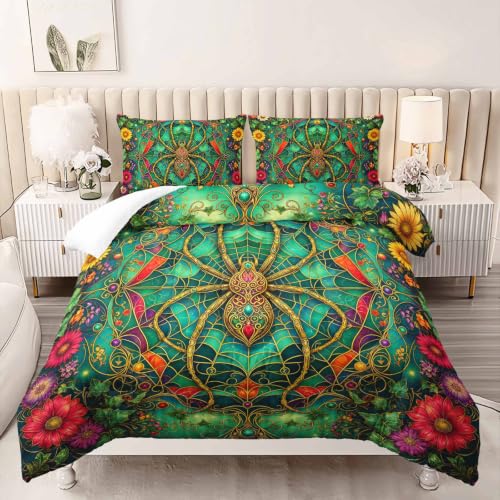 Image of AILONEN Twin Comforter Set 3 Piece, Emerald Spider Web Floral 3D Printed Bedding with 2 Pillowcases, Soft Lightweight Microfiber Ornate Decor for Compact Bedroom