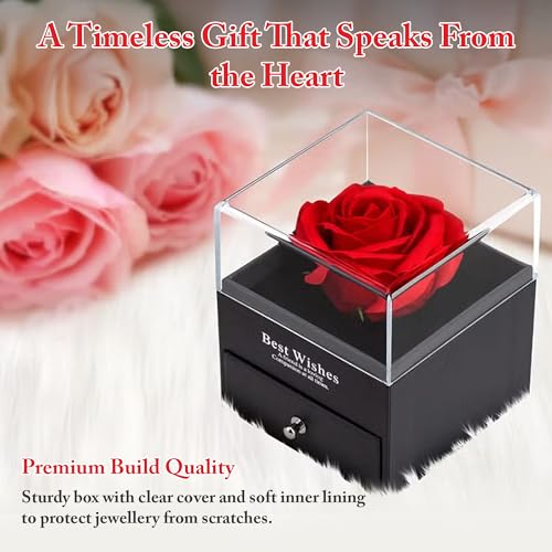 Image of Kidology Preserved Red Rose with Heart Necklace in Luxury Gift Box | Eternal Rose Romantic Gift for Girlfriend, Wife & Mom | Valentine, Birthday & Marriage Anniversary Keepsake for Women (1 Piece)