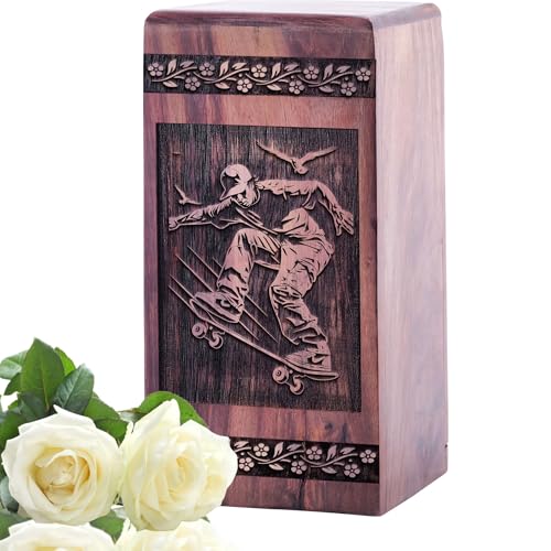 LEXFAY Skateboarder - Wooden Urn - Large Urns for Human Ashes - 11.25X6.25 Inch - 240 Cubic Inches - Funeral Decorative Urns - Urn for Adult Male & Female - Adult Urns for Relatives - Cremation Urns