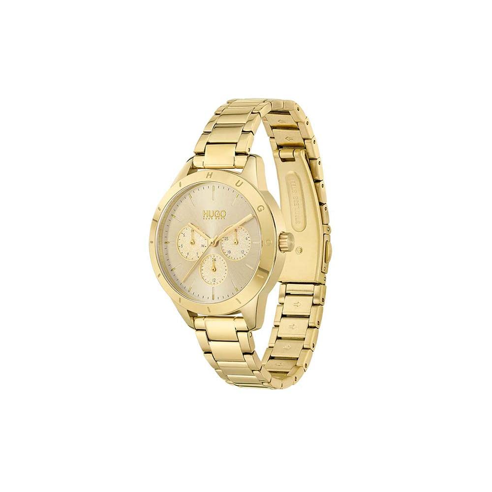 HUGO #Friend 1540091 Damen-Multifunktions-Armbanduhr aus Edelstahl und Gliederarmband, Farbe: vergoldet
