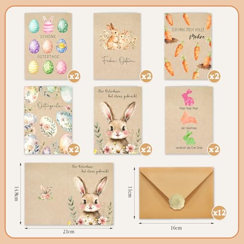 Osterkarten mit Umschlag Set, 12 Stück Karte Ostern Karte, Hochwertiges Klappkarten Osterkarte mit Niedlichem Hasen Kraftpapier, Frohe Ostern Karten Frühling Karten für Familie Freunde