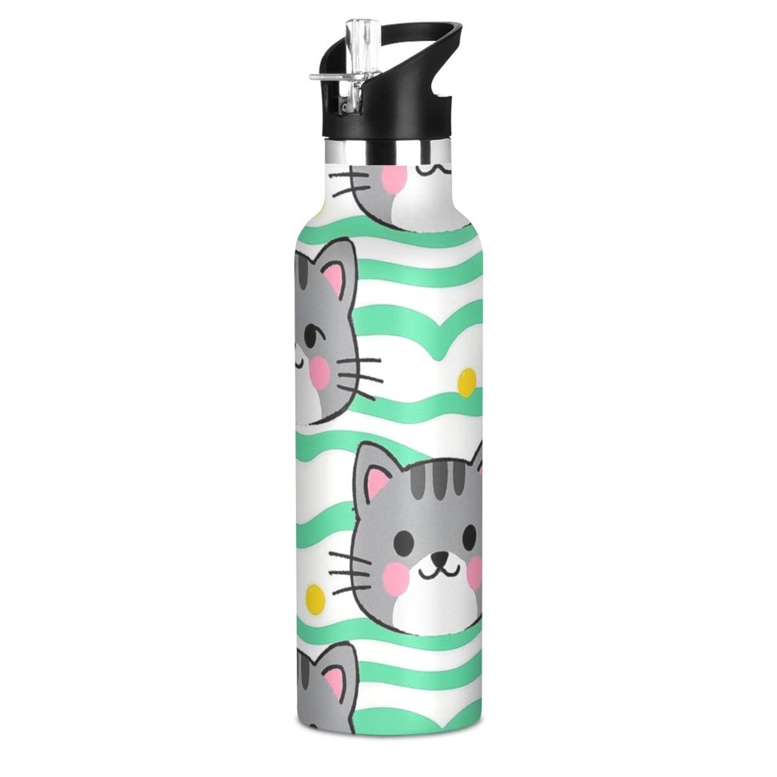 Cute Grey Cat Cartoon Leak Proof BPA Free Kids Metal Water Bottle With Straws Leak-proof Hot Cold Double