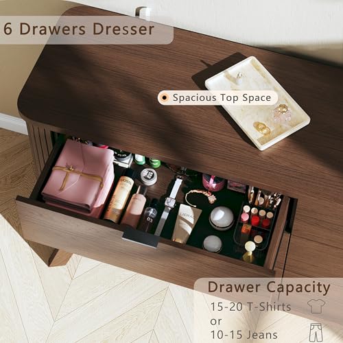 Image of HUAHUU Fluted 6 Drawers Dresser for Bedroom, 55 inch Mid Century Modern Dresser & Chests of Drawers, Curved Profile Design, Dresser TV Stand, for Entryway, Hallway, Walnut
