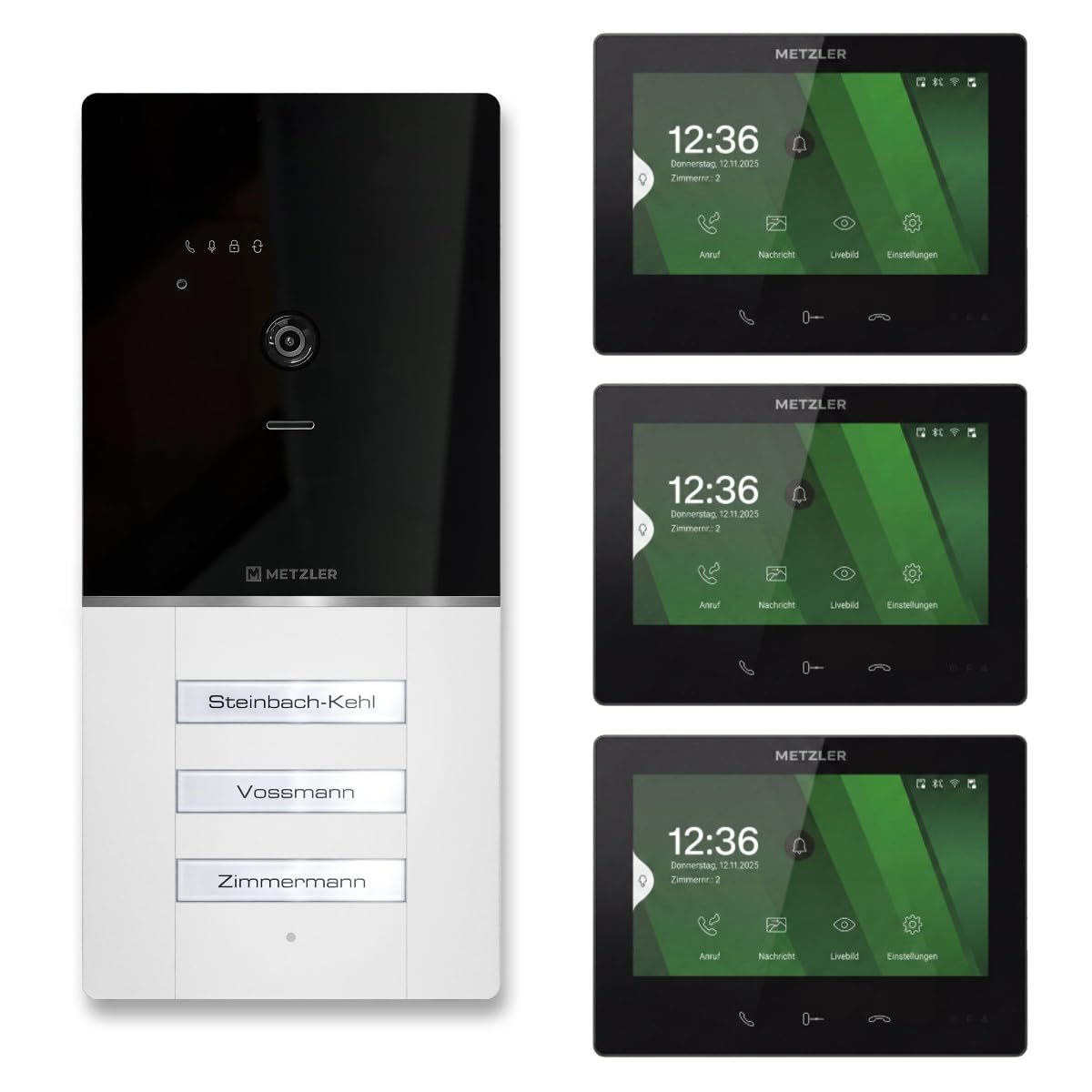 Metzler XDM10 Kit complet d'interphone vidéo avec plaque nominative interchangeable pour 3 maisons familiales | Interphone vidéo avec connexion bus à 2 fils | RAL 9016 blanc trafic | Application