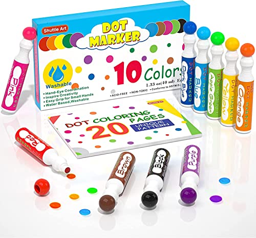 Shuttle Art 10 Couleurs Dot Marqueur à Point Lavable(40ml chacun), Non Toxique, Dot Marker pour Enfants Education Précoce, Bingo Dabber pour Création avec 1 Livre de Coloriage