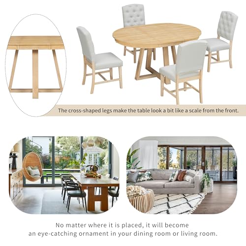 Image of Bellemave 5-Piece Dining Table Set, Extendable Round Dining Table with 16 inch Removable Leaf, 4 Upholstered Button Tufted Chairs, Acacia Veneer Tabletop (Natural)