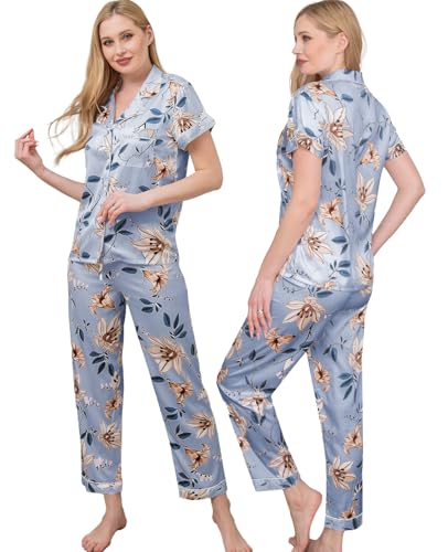 Image of WJing Yi Jia Womens Pajamas Set XS-4XL Floral Silk Satin Pajama Sets Silky Pj Sets 2Pcs Loungewear Sleepwear Button Down Pjs