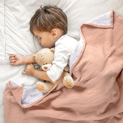 Image of lulumoon Muslin Baby Blanket for Girls: Soft Lightweight Toddler Blanket | Reversible Cotton Crib Blanket for Daycare - 47x47in Breathable Baby Swaddle for Stroller & Travel(Peach Pink)