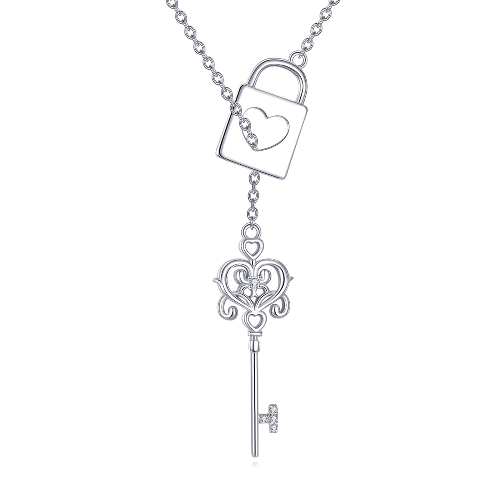 DAYLINLOVE Collar con candado y llave, de plata de ley 925, ajustable, Lariat Y, collar con colgante de candado y llave, regalo para mujer