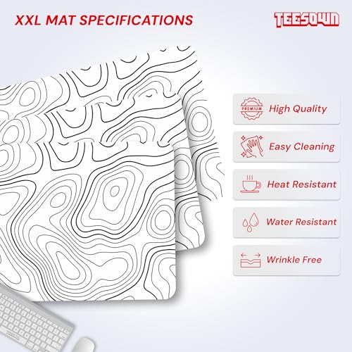 Image of XXL White Topographical Extended Mousepad (17.5x35.5) inches for Laptop Desktop PC and Gaming Desk Mat Rubber Base Desk Pad