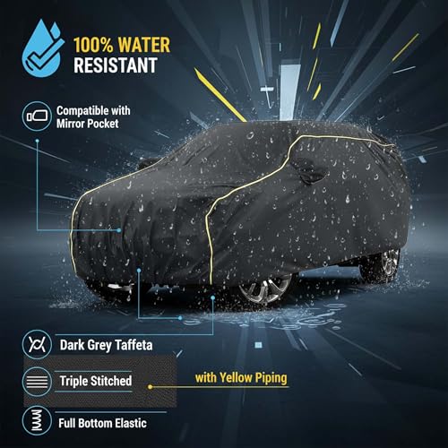 Image of Sulfar 100% Water Resistant Car Body Cover Compatible with Mirror for BMW 5 Series (Triple Stitched, Full Bottom Elastic, Dark Grey Taffeta with Yellow Piping)