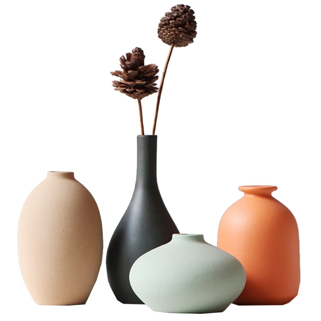 Ceramic vase, Set of 4, Table Vase for Rustic Home Decor, Modern Farmhouse, Shelf, Mantel and Entryway(With a Bouquet of Flowers)