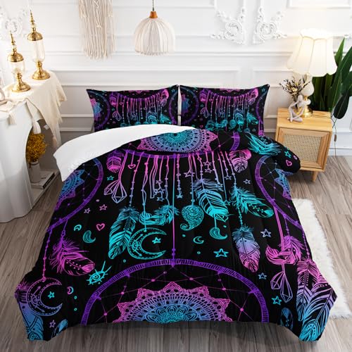 AILONEN Dreamcatcher Comforter Set Twin Size, Purple Feather Print Duvet Set,Bohemian Mandala Bedding Set for Boys Girls,Galaxy Dream Catcher Duvet Set 3 Pieces, 1 Quilt and 2 Pillowcases