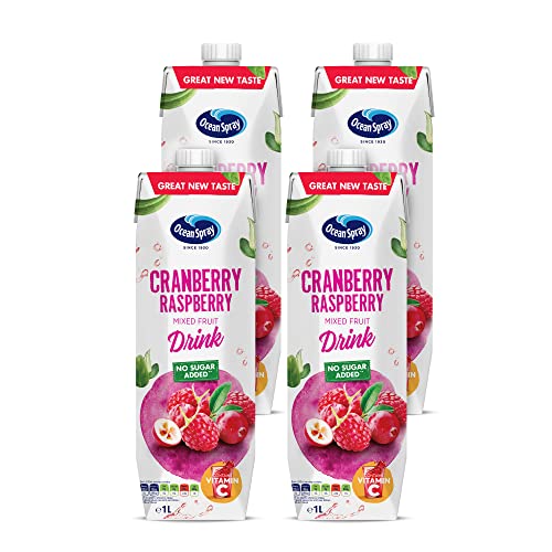 Ocean Spray Cranberry Raspberry Mixed Fruit Drink No Sugar Added, 1 Litre (Pack of 4)