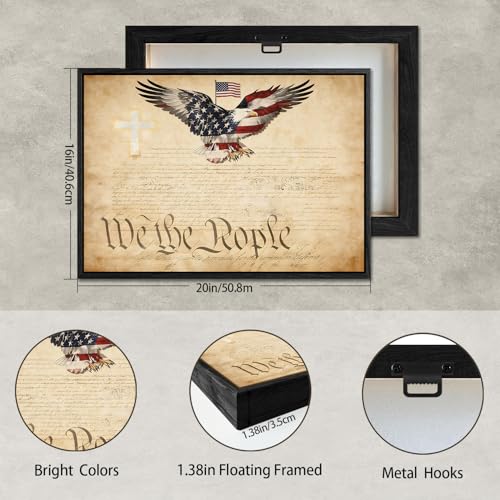 Image of American Flag Framed Canvas Wall Art, 4th of July Red White Blue Canvas Prints, USA Flag with Bald Eagle Patriotic Decorations, Vintage Independence Day Wall Decor for Bedroom Living Room 16x20