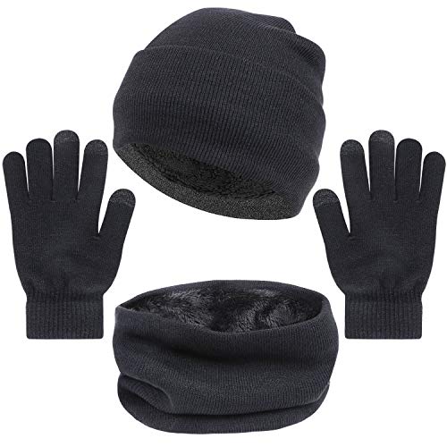 3 PCS Winter Beanie Hat, Scarf and Touch-Screen Gloves Set for Men and Women Knit Cap Neck Warmer Mitten Set Black